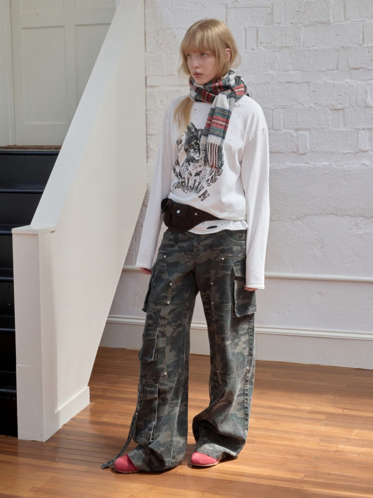 American Vintage Cat Print Washed Hole T-Shirt Loose Slightly Dropped Shoulder Long Sleeve Top【s0000014570】