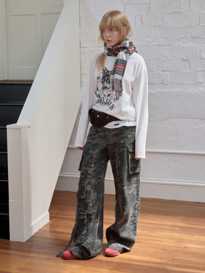 American Vintage Cat Print Washed Hole T-Shirt Loose Slightly Dropped Shoulder Long Sleeve Top【s0000014570】