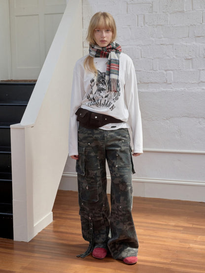 American Vintage Cat Print Washed Hole T-Shirt Loose Slightly Dropped Shoulder Long Sleeve Top【s0000014570】