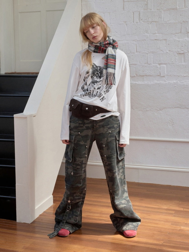 American Vintage Cat Print Washed Hole T-Shirt Loose Slightly Dropped Shoulder Long Sleeve Top【s0000014570】