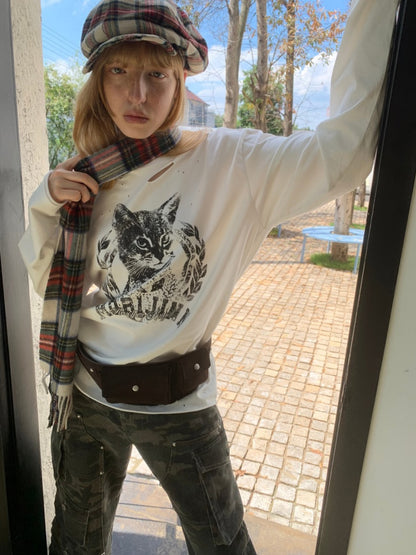 American Vintage Cat Print Washed Hole T-Shirt Loose Slightly Dropped Shoulder Long Sleeve Top【s0000014570】