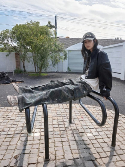 Contrasting Monogram Print Veneer Structure Silhouette Biker Padded Cropped Leather Jacket【s0000014571】