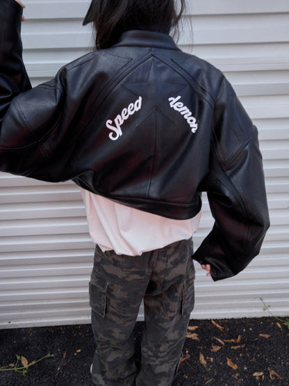 Contrasting Monogram Print Veneer Structure Silhouette Biker Padded Cropped Leather Jacket【s0000014571】