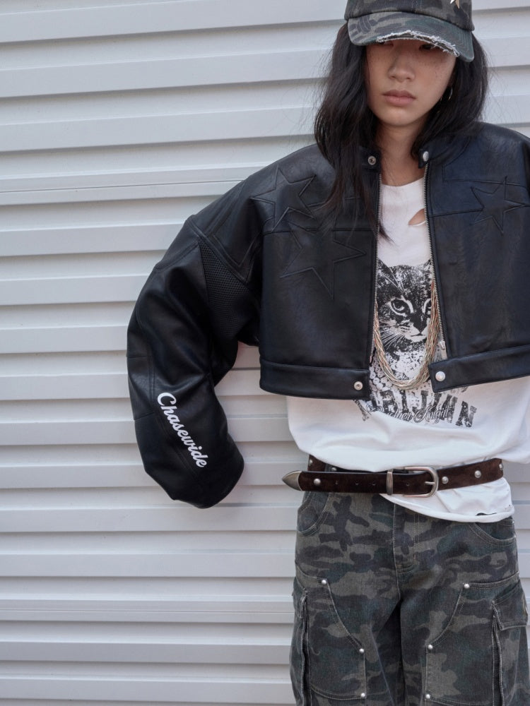 Contrasting Monogram Print Veneer Structure Silhouette Biker Padded Cropped Leather Jacket【s0000014571】