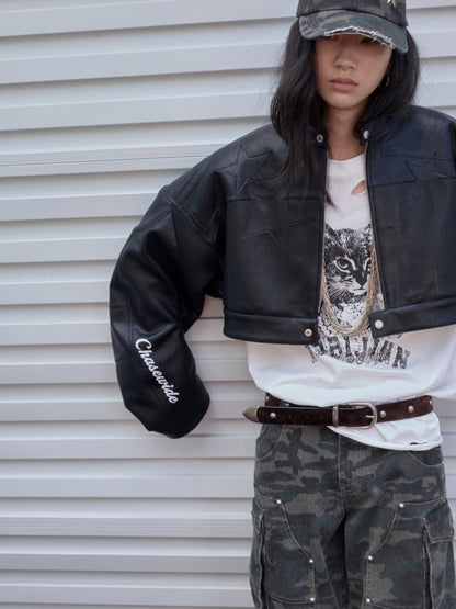 Contrasting Monogram Print Veneer Structure Silhouette Biker Padded Cropped Leather Jacket【s0000014571】