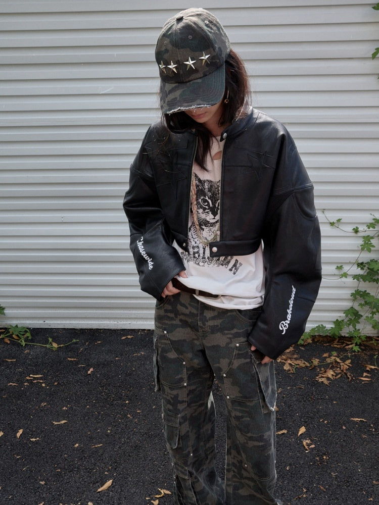 Contrasting Monogram Print Veneer Structure Silhouette Biker Padded Cropped Leather Jacket【s0000014571】