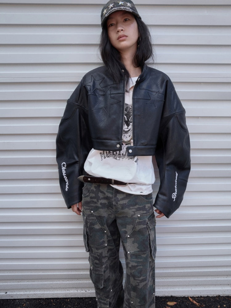 Contrasting Monogram Print Veneer Structure Silhouette Biker Padded Cropped Leather Jacket【s0000014571】