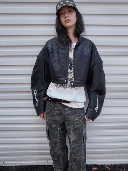 Contrasting Monogram Print Veneer Structure Silhouette Biker Padded Cropped Leather Jacket【s0000014571】