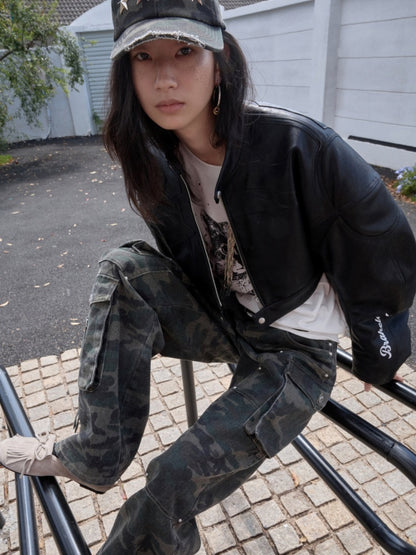 Contrasting Monogram Print Veneer Structure Silhouette Biker Padded Cropped Leather Jacket【s0000014571】