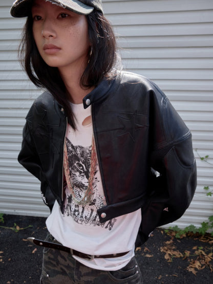 Contrasting Monogram Print Veneer Structure Silhouette Biker Padded Cropped Leather Jacket【s0000014571】