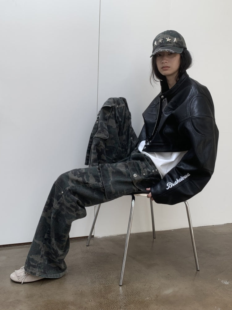 Contrasting Monogram Print Veneer Structure Silhouette Biker Padded Cropped Leather Jacket【s0000014571】