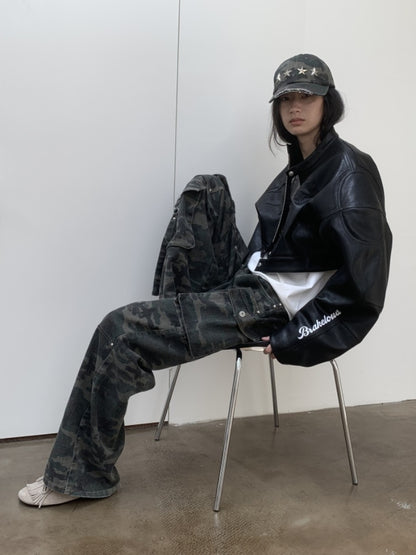 Contrasting Monogram Print Veneer Structure Silhouette Biker Padded Cropped Leather Jacket【s0000014571】