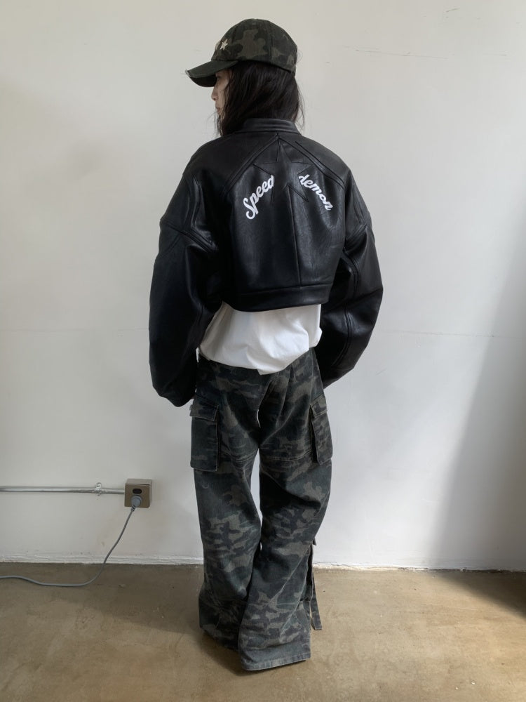 Contrasting Monogram Print Veneer Structure Silhouette Biker Padded Cropped Leather Jacket【s0000014571】