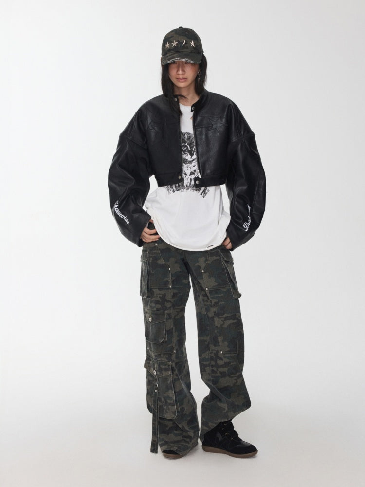 Contrasting Monogram Print Veneer Structure Silhouette Biker Padded Cropped Leather Jacket【s0000014571】