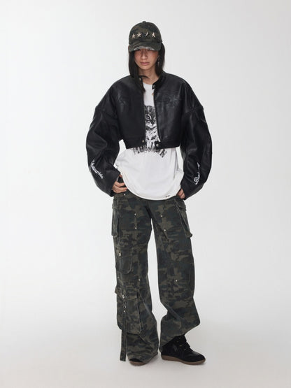 Contrasting Monogram Print Veneer Structure Silhouette Biker Padded Cropped Leather Jacket【s0000014571】