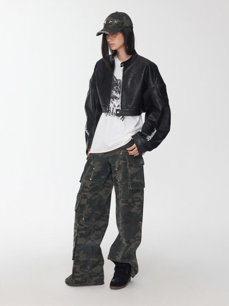 Contrasting Monogram Print Veneer Structure Silhouette Biker Padded Cropped Leather Jacket【s0000014571】
