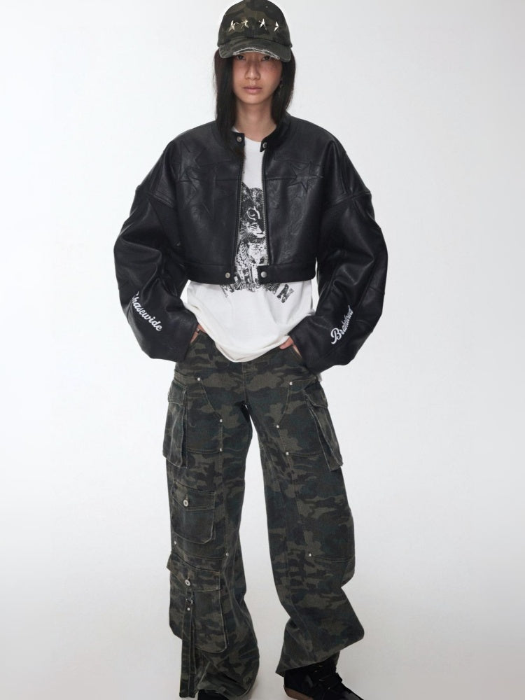 Contrasting Monogram Print Veneer Structure Silhouette Biker Padded Cropped Leather Jacket【s0000014571】