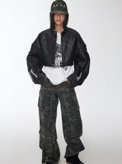 Contrasting Monogram Print Veneer Structure Silhouette Biker Padded Cropped Leather Jacket【s0000014571】