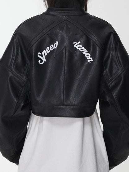 Contrasting Monogram Print Veneer Structure Silhouette Biker Padded Cropped Leather Jacket【s0000014571】