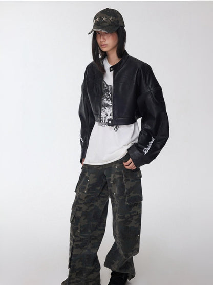 Contrasting Monogram Print Veneer Structure Silhouette Biker Padded Cropped Leather Jacket【s0000014571】