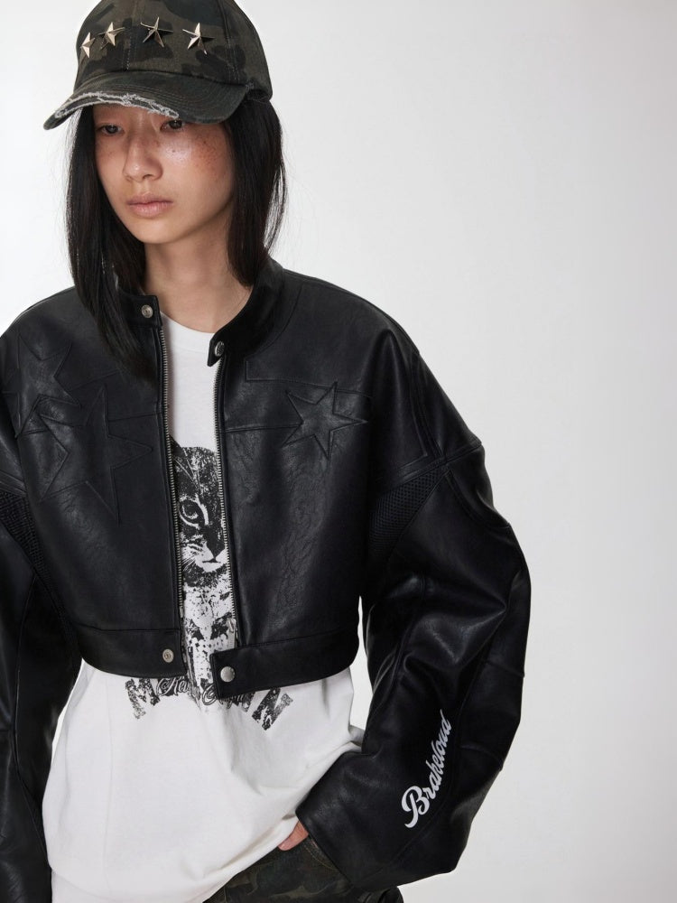 Contrasting Monogram Print Veneer Structure Silhouette Biker Padded Cropped Leather Jacket【s0000014571】