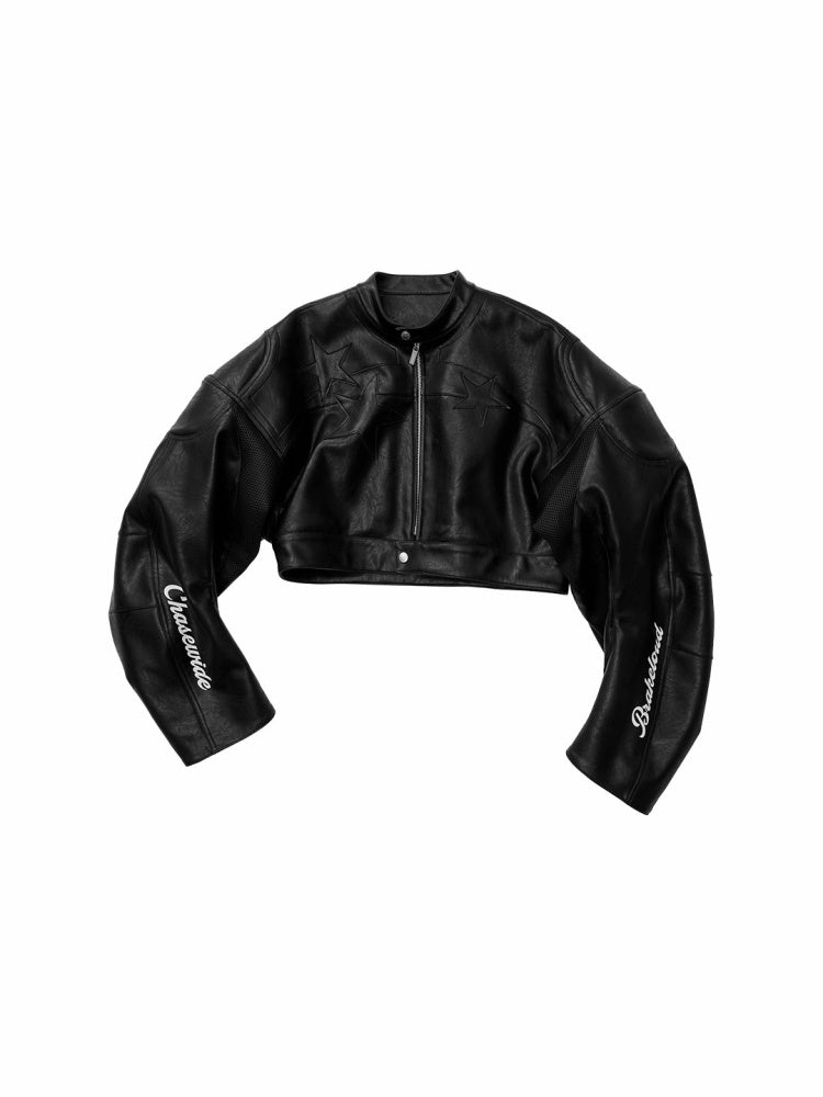 Contrasting Monogram Print Veneer Structure Silhouette Biker Padded Cropped Leather Jacket【s0000014571】