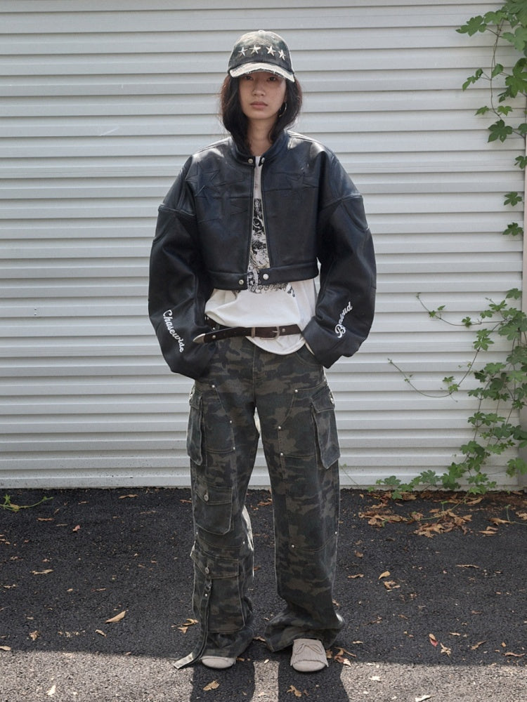 Contrasting Monogram Print Veneer Structure Silhouette Biker Padded Cropped Leather Jacket【s0000014571】