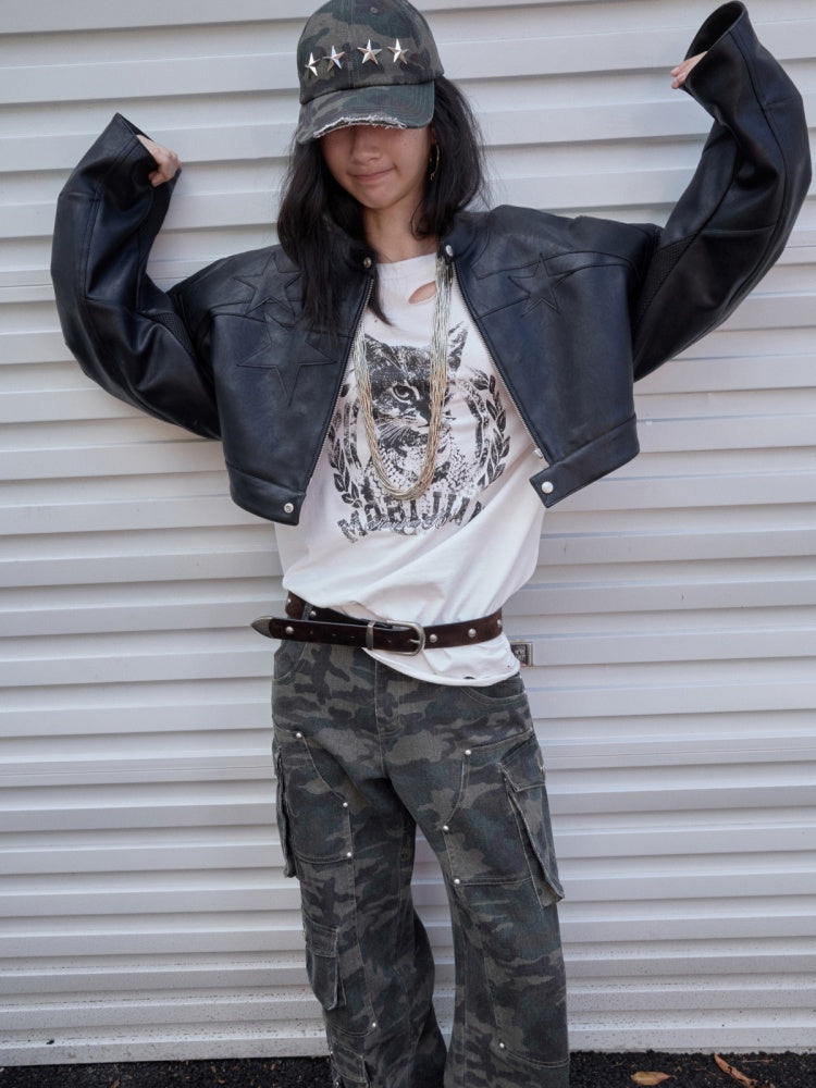 Contrasting Monogram Print Veneer Structure Silhouette Biker Padded Cropped Leather Jacket【s0000014571】