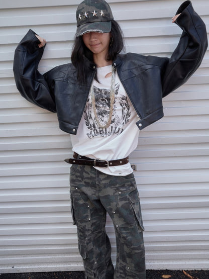 Contrasting Monogram Print Veneer Structure Silhouette Biker Padded Cropped Leather Jacket【s0000014571】