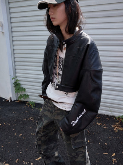 Contrasting Monogram Print Veneer Structure Silhouette Biker Padded Cropped Leather Jacket【s0000014571】