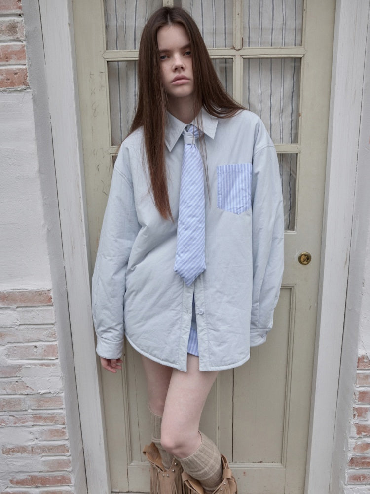 Three-Piece Set Embroidery Striped Contrast Padded Shirt Tie Skirt【s0000014572】