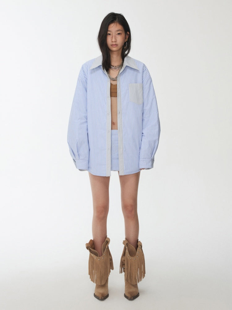 Three-Piece Set Embroidery Striped Contrast Padded Shirt Tie Skirt【s0000014572】