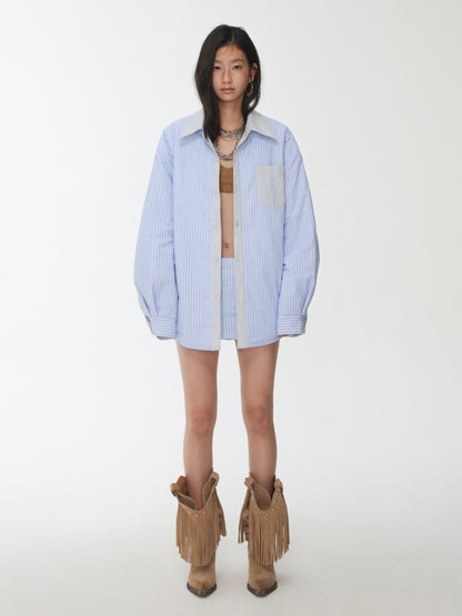 Three-Piece Set Embroidery Striped Contrast Padded Shirt Tie Skirt【s0000014572】