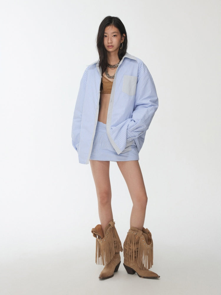 Three-Piece Set Embroidery Striped Contrast Padded Shirt Tie Skirt【s0000014572】