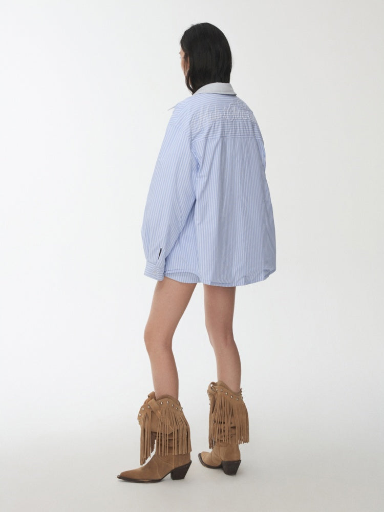 Three-Piece Set Embroidery Striped Contrast Padded Shirt Tie Skirt【s0000014572】