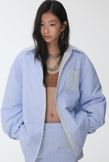 Three-Piece Set Embroidery Striped Contrast Padded Shirt Tie Skirt【s0000014572】