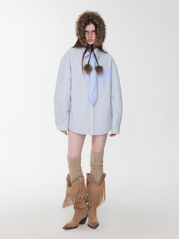 Three-Piece Set Embroidery Striped Contrast Padded Shirt Tie Skirt【s0000014572】