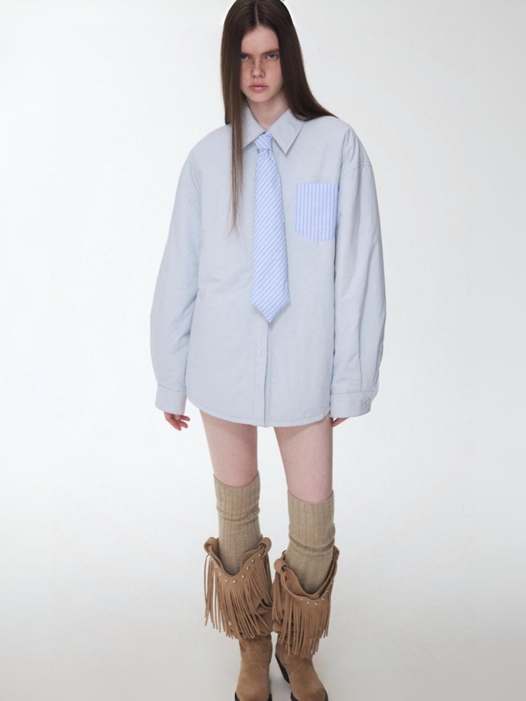 Three-Piece Set Embroidery Striped Contrast Padded Shirt Tie Skirt【s0000014572】