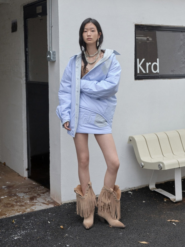 Three-Piece Set Embroidery Striped Contrast Padded Shirt Tie Skirt【s0000014572】