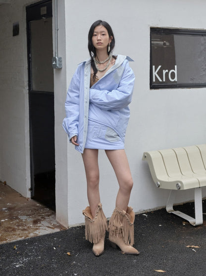 Three-Piece Set Embroidery Striped Contrast Padded Shirt Tie Skirt【s0000014572】