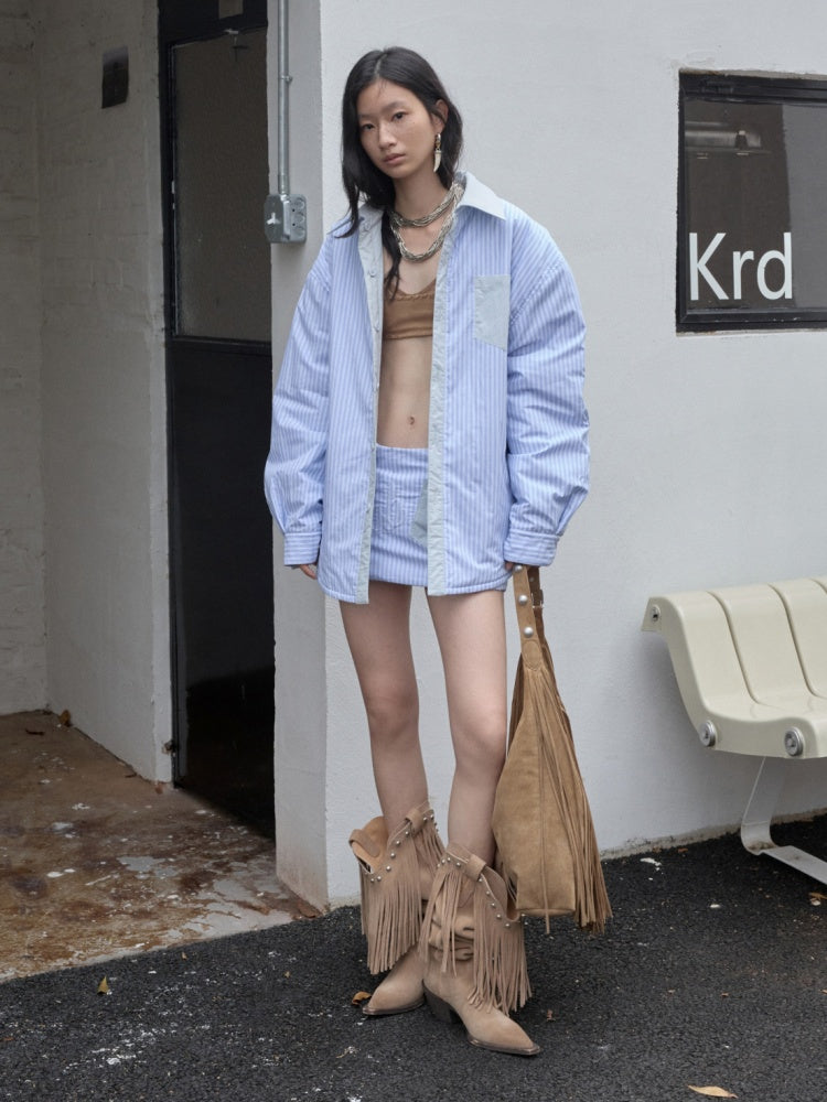 Three-Piece Set Embroidery Striped Contrast Padded Shirt Tie Skirt【s0000014572】