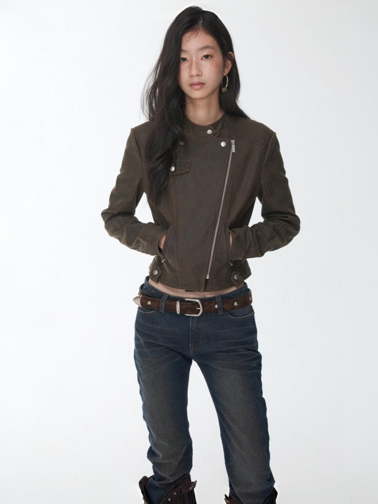 Vintage Washed Cracked Lapel Motorcycle Slim Short Leather Jacket【s0000014573】