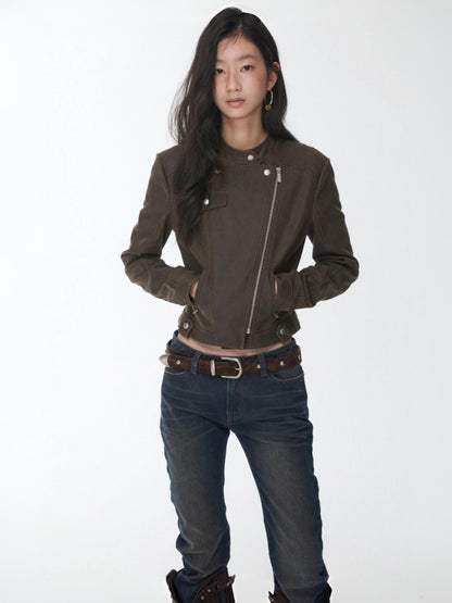 Vintage Washed Cracked Lapel Motorcycle Slim Short Leather Jacket【s0000014573】