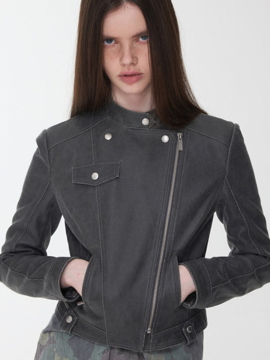 Vintage Washed Cracked Lapel Motorcycle Slim Short Leather Jacket【s0000014573】