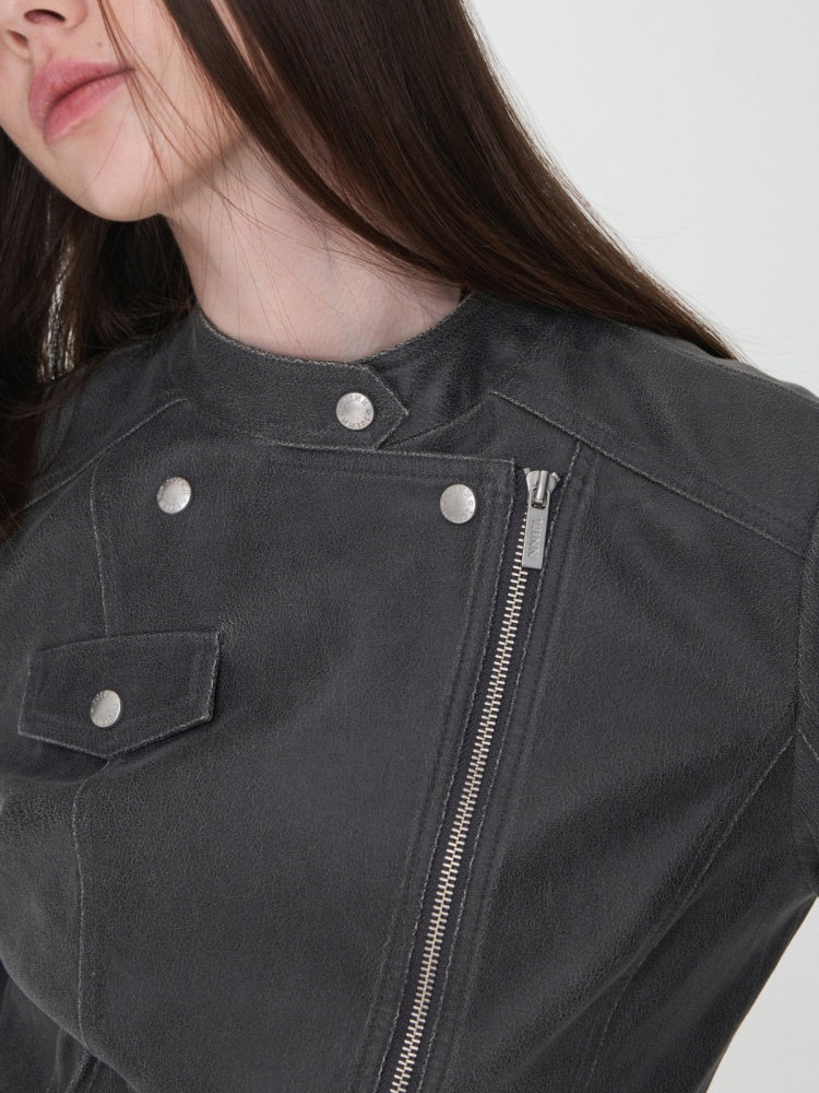Vintage Washed Cracked Lapel Motorcycle Slim Short Leather Jacket【s0000014573】