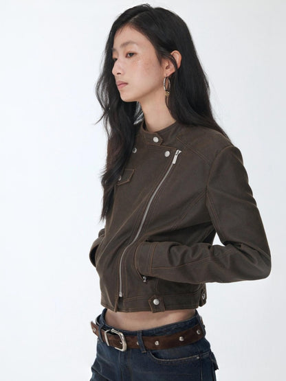 Vintage Washed Cracked Lapel Motorcycle Slim Short Leather Jacket【s0000014573】