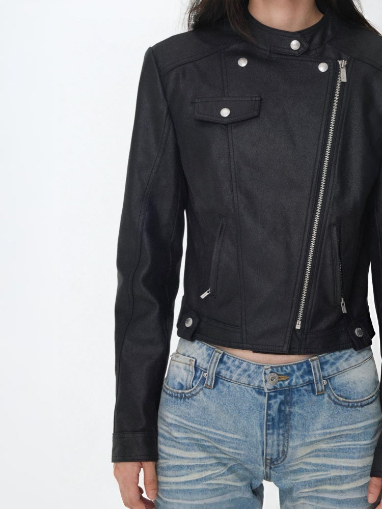 Vintage Washed Cracked Lapel Motorcycle Slim Short Leather Jacket【s0000014573】