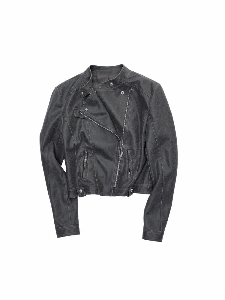 Vintage Washed Cracked Lapel Motorcycle Slim Short Leather Jacket【s0000014573】