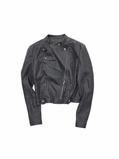 Vintage Washed Cracked Lapel Motorcycle Slim Short Leather Jacket【s0000014573】