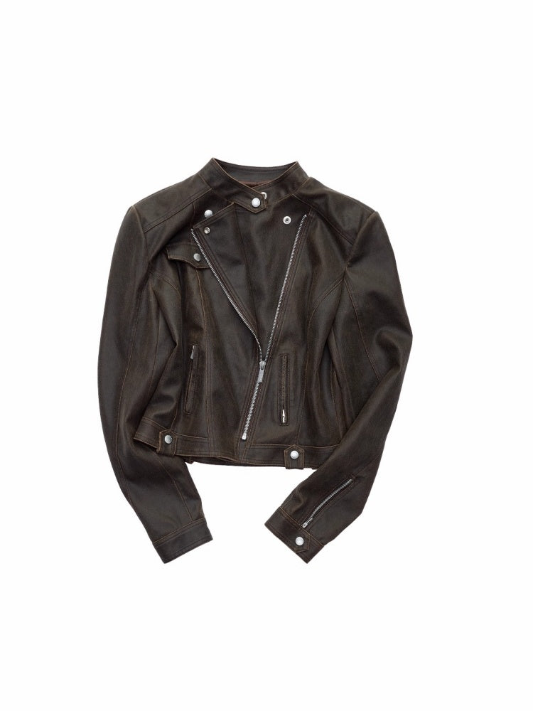 Vintage Washed Cracked Lapel Motorcycle Slim Short Leather Jacket【s0000014573】